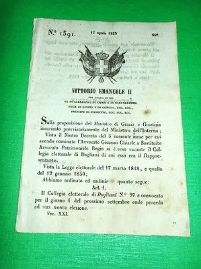 Decreti Regno Sardegna Torino Elezioni Collegio elettorale di Dogliani 1853