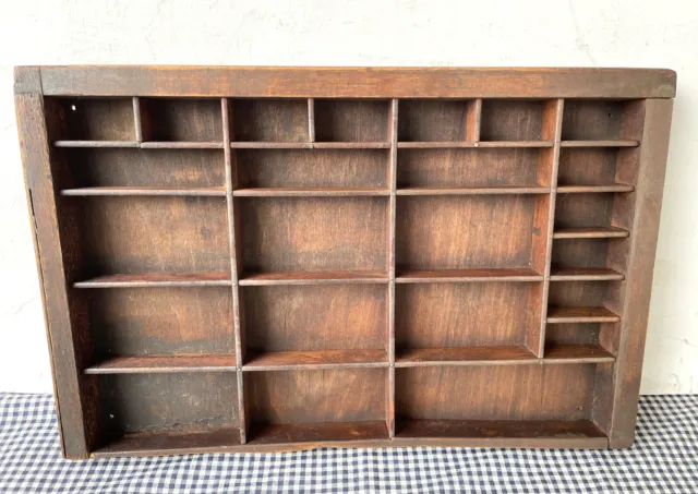Antique Type Tray Printers Drawer,  24 Sections, Shadow Box, Walnut Finish