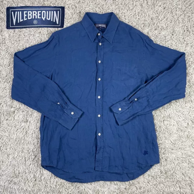 Vilebrequin Men’s 100% Linen Blue Full Button Up Long Sleeve Shirt Large