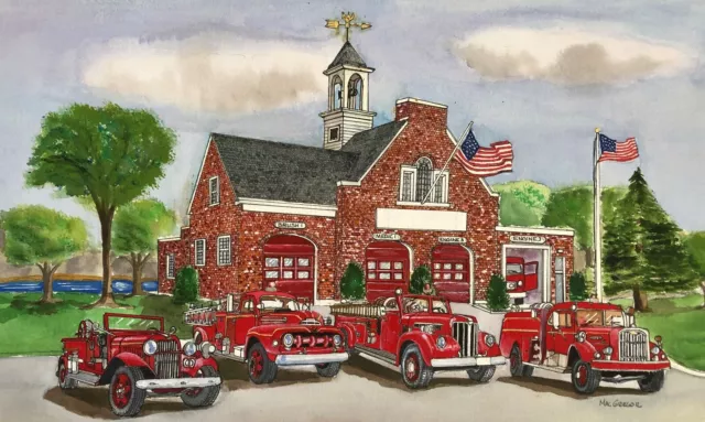 Fire Station Personalized Art Print Painting Truck Fireman Firefighter EMT Gift