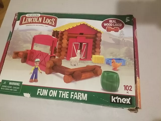 96 piece LINCOLN LOGS Fun on the Farm Real Wood Knex Barn Farmer Building Set