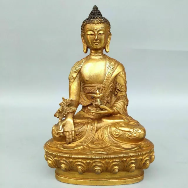 8" old Tibet Tibetan Buddhism bronze gilt Dragon Medicine Buddha statue