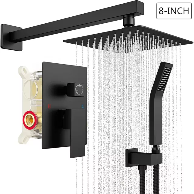 Black Shower Faucet Set 8"Rainfall Shower Head Combo System with Mixer Valve Kit