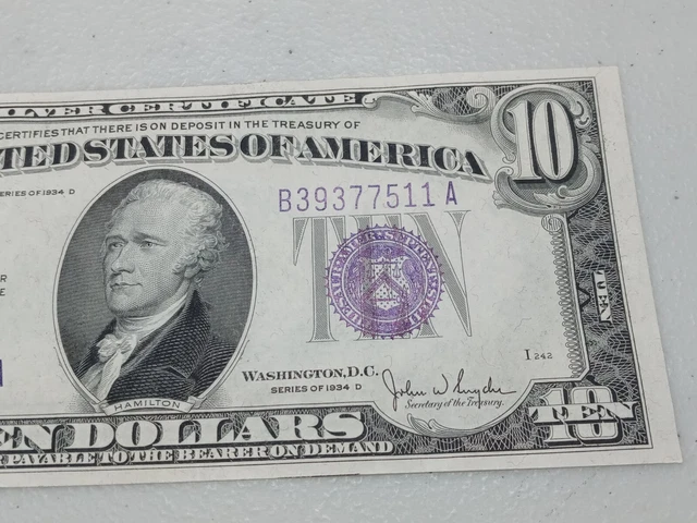 High Grade 1934 D $10 Ten Dollar Silver Certificate Note Blue Seal, A72 3