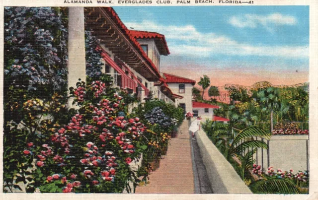 Postcard FL Palm Beach Alamanda Walk Everglades Club 1940 Linen Vintage PC G1688