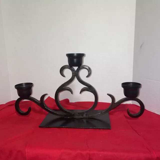 Beautiful 3 Pillar Candle Holder Heavy Black Metal Stand - Estate Find