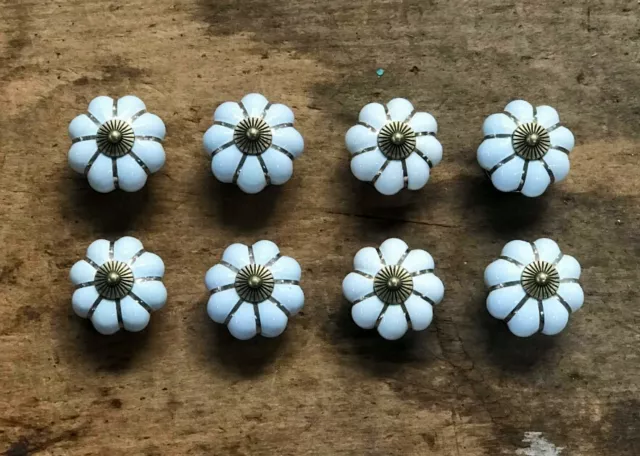 Set of 8 WHITE ENAMEL PULL Drawer Cabinet Knob Porcelain Handle Screws Included