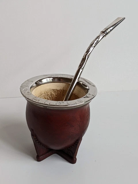Camionero Leather Wrapped Yerba Mate Gourd & 900 Silver Bombilla Set