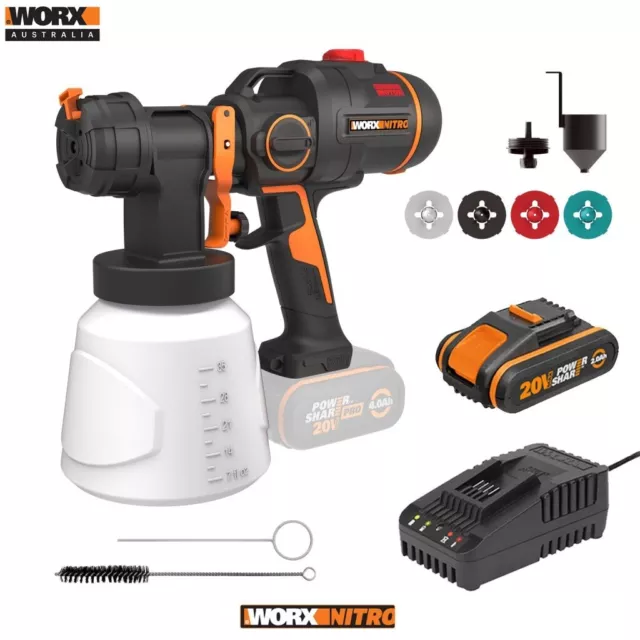 WORX NITRO 20V Brushless HVLP Paint Sprayer + POWERSHARE Battery & Charge- WX020