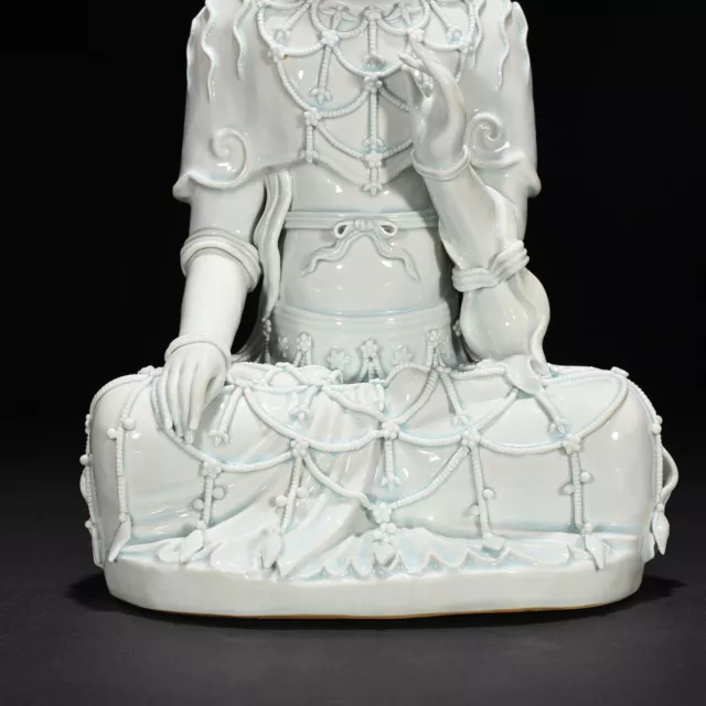 16.9" China Porcelain song dynasty hutian kiln cyan glaze guanyin Buddha statue 2