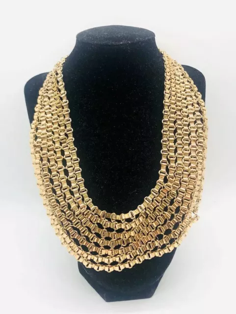 Substantial Gold Tone Book Chain Link Bib Necklace Statement Vintage Jewelry