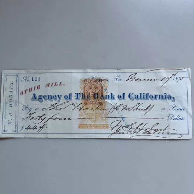 Virginia City Nevada Bank Of California Check From 1870