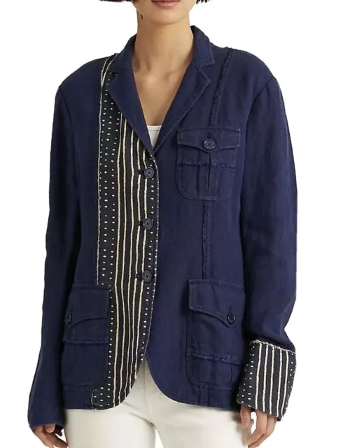 Lauren Ralph Lauren Patchwork Print Notch Lapel Collar Linen Blazer Navy Sz 18W