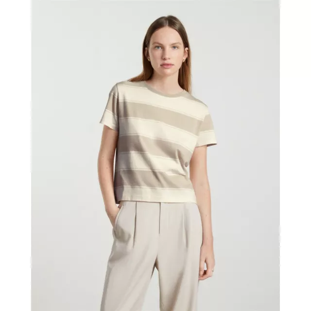 Everlane Womens The Organic Cotton Box-Cut Tee Striped Pale Khaki / Canvas Tan S