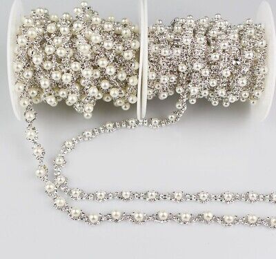Cadena de imitación de perlas estrás adorno de metal plateado hágalo usted mismo ropa decoración 1 yarda