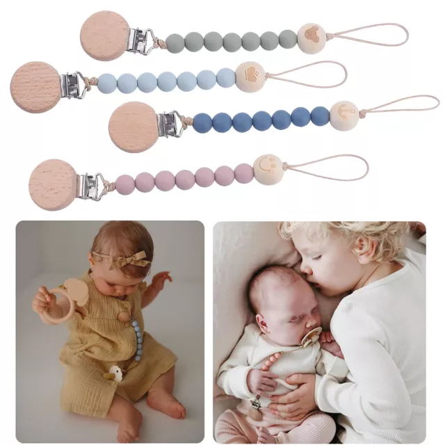 Baby Round Wooden Dummy Clips with Silicone Bead Dummy Pacifier Clip Chain Strap