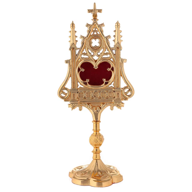 Reliquiario neogotico ottone dorato velluto rosso h 32 cm