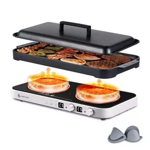 Double Induction Cooktop with Removable Iron Cast Griddle Pan Non-stick, White