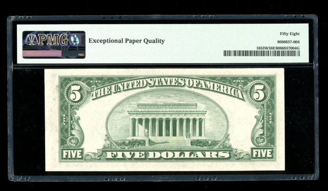 DBR $5 1934-C Silver Fr. 1653W NA Block Wide PMG 58 EPQ Serial N98955286A 2