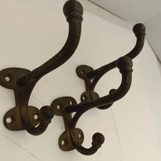 3 Double Coat Hooks Farm House Barn Clothes Bath Robe Cast Iron Metal Vintage