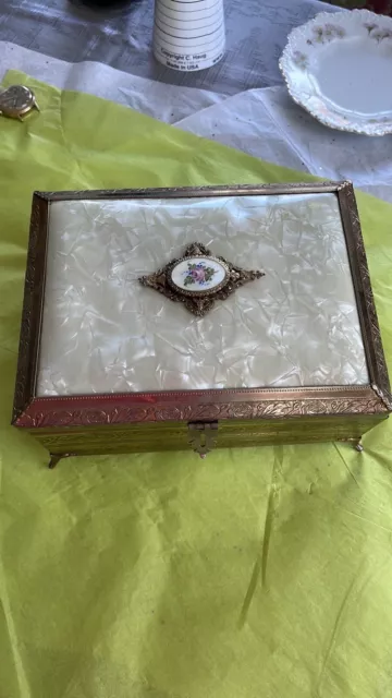 Antique Musical Jewelry Box Decorative Gold Gilt Metal Floral Design Swiss