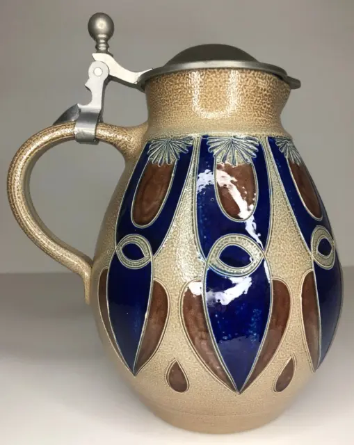 Vintage Goebel Merkelbach Weinkrug Salzglasur Keramik Krug mit Zinndeckel