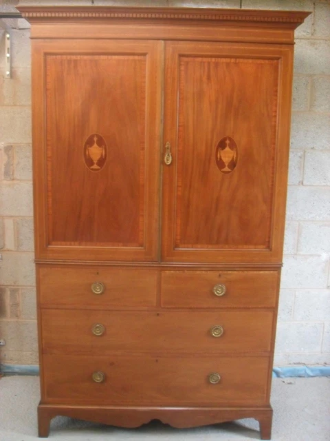 Superb 19th Century Light Mahogany Inlaid Linen Press Wardrobe