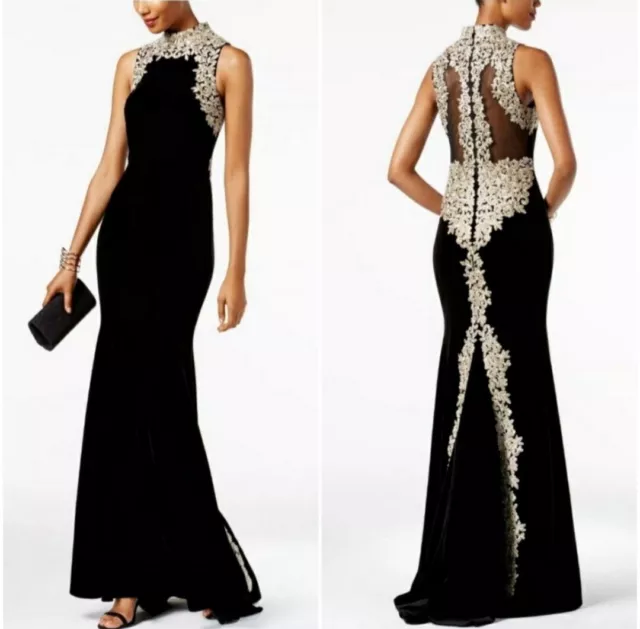 Betsy & Adam Embroidered Velvet Illusion-Back Formal Gown