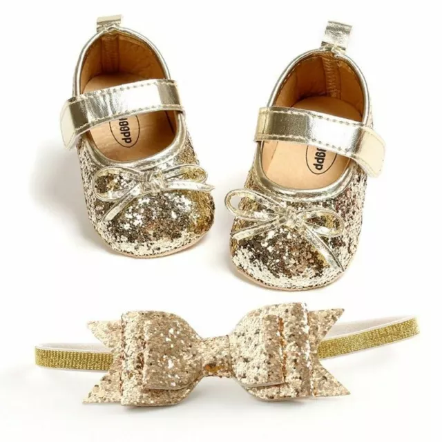 Paillettes Chaussures Bébé Cuir Bébé Fille Premier Walkers Set Bandeau Noeud