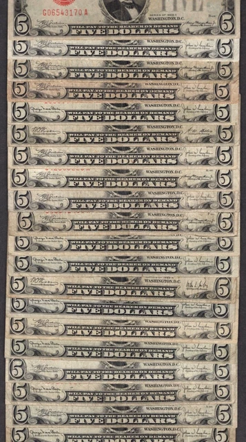 Lot of 20 1928 $5 Five Dollar Bills Red Seal S475