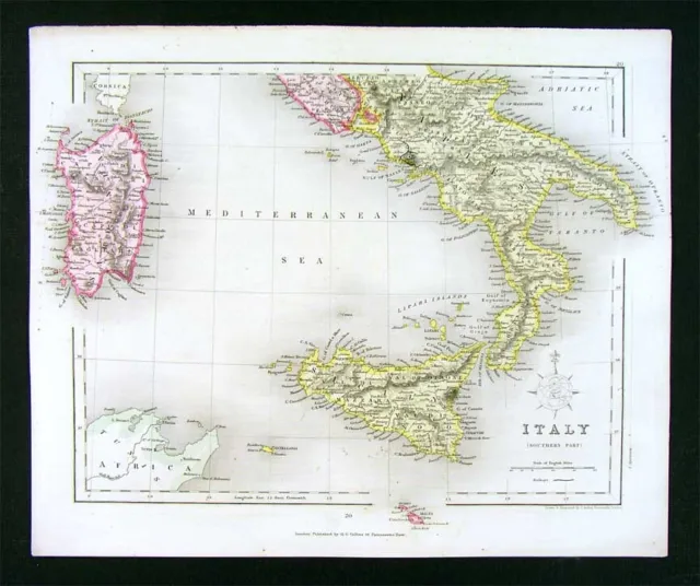1850 Archer Map South Italy Naples Sicily Sardinia Malta Rome Palermo Syracuse
