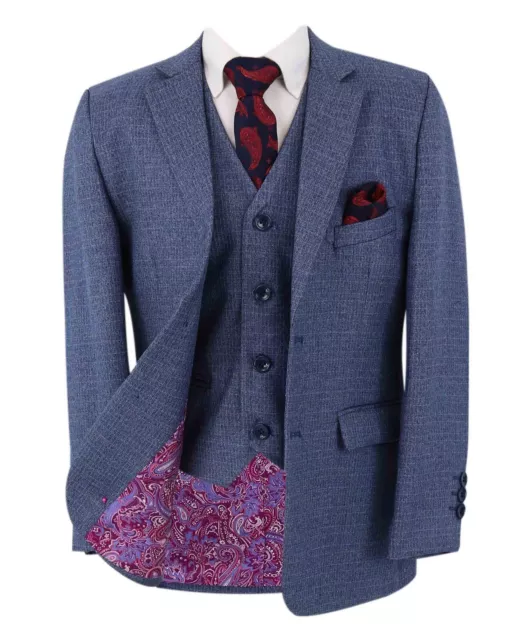 Boys Texture Tweed Suit Tailored Fit Mid Blue Wedding Page Boy Prom 3 Piece Set