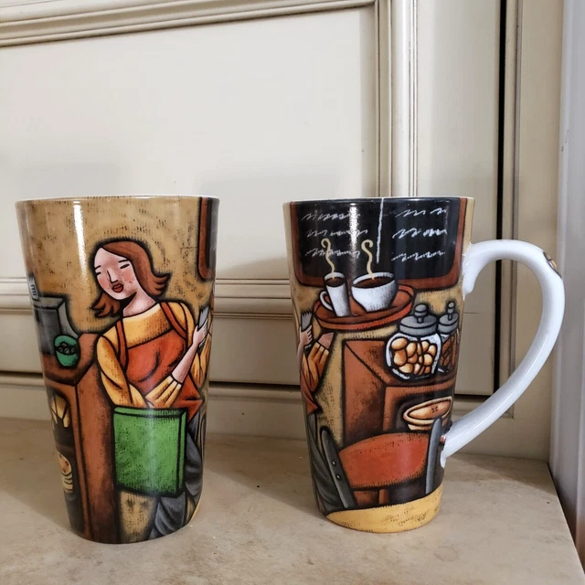 NEW~2*16 OZ* Sylvie Bourbonniere Cafe Joie de Vivre coffee shop LATTE MUGS /CUPS