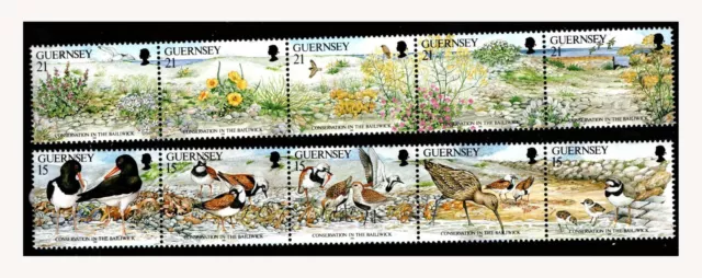 GUERNSEY, Sc #465-6 STRIPS, MNH, 1991, NATURE CONSERVATION, BIRDS, FLOWERS