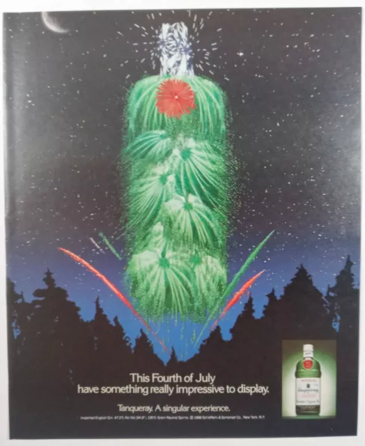 1980's TANQUERAY Gin 4th July Fireworks Bottle Green Colorful Vintage Print Ad
