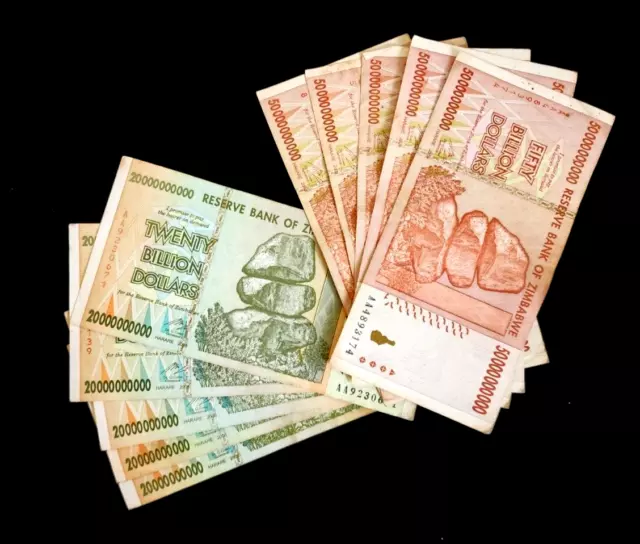 10 x Zimbabwe banknotes -5 each x 20 & 50 Billion Dollars-paper money currency