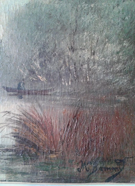 peinture sur soie signée L. Michel coucher de soleil au bord