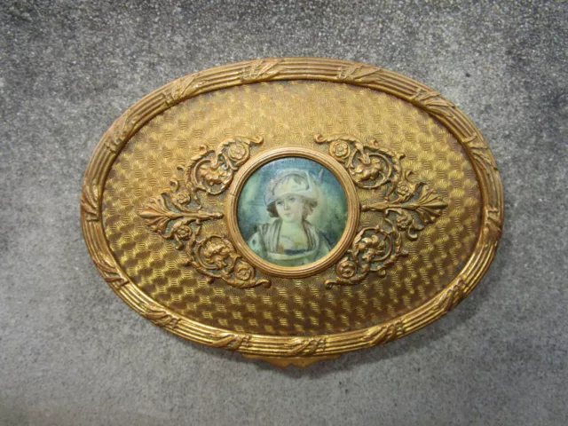 Superbe ancienne boîte à bijoux Napoléon III bronze laiton et miniature peinte.
