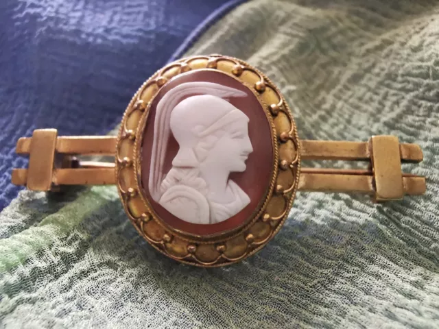 Antique Victorian gold gilt metal shell cameo side portrait Roman soldier brooch