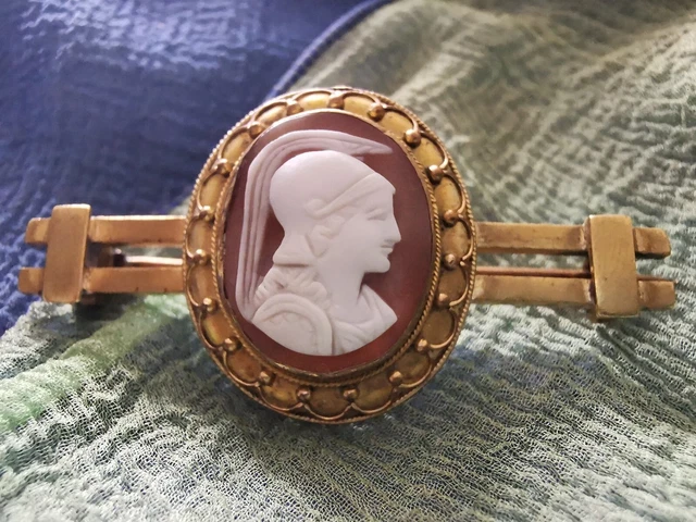 Antique Victorian gold gilt metal shell cameo side portrait Roman soldier brooch Antique Victorian gold gilt metal shell cameo side portrait Roman soldier brooch