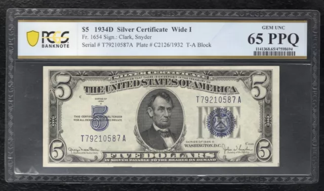 Fr. 1654 1934-D $5 Wide I Silver Certificate Pcgs Banknote Gem Unc-65Ppq (L)