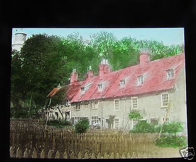 COLOUR Glass Magic lantern slide PRETTY ROW OF COTTAGES WITH PICKET FENCES C1910