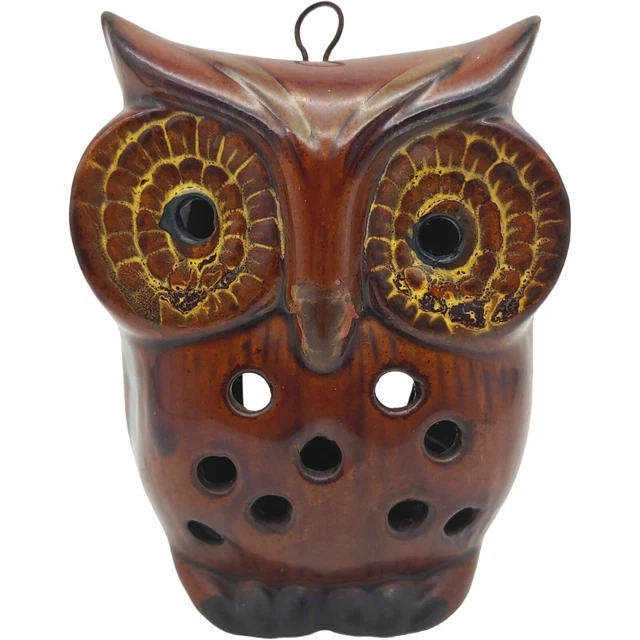 Owl Shaped Candle Holder Hanging Lantern 5" vtg Brown Tea Light Votive Halloween