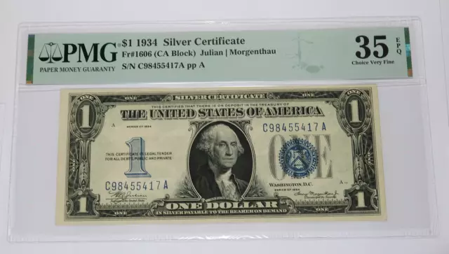 1934 PMG CHOICE VF35 EPQ | FUNNY BACK Silver Certificate $1 Bank Note #43182F