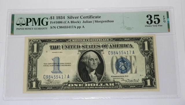 1934 PMG CHOICE VF35 EPQ | FUNNY BACK Silver Certificate $1 Bank Note #43182F