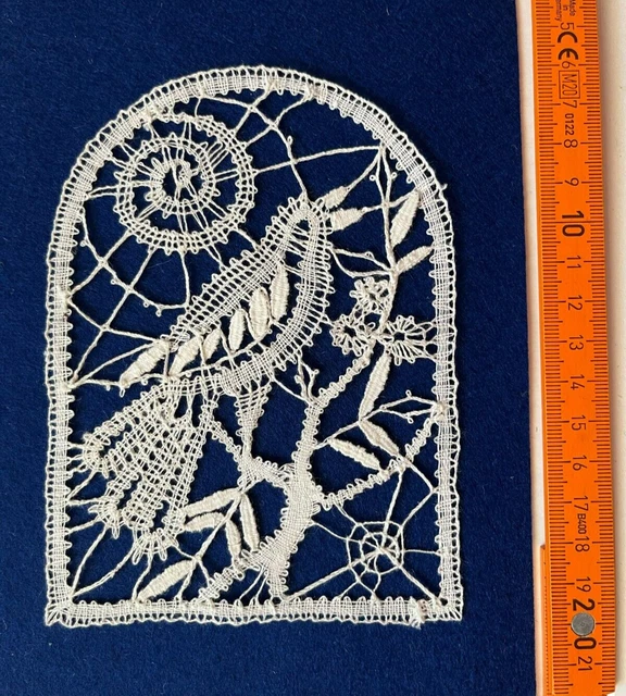 14x10cm Antiguo Motivo Agarrado "Pájaro Cantor" Encaje Hecho a mano Trabajo M1)