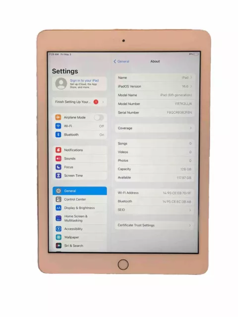 Apple iPad 6th Gen 9.7” 128GB - Wi-Fi Excellent Condition Factory Reset TESTED