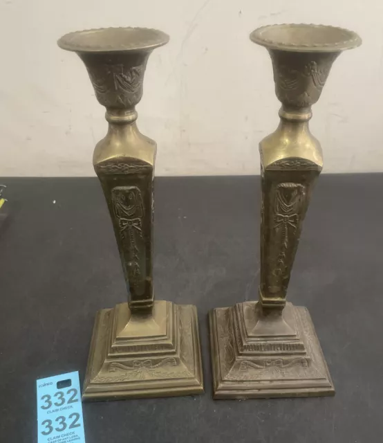 Antique Victorian Cast Brass Candlesticks Pair Ornate Rams Head Bow Design Bow
