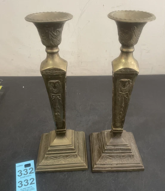 Antique Victorian Cast Brass Candlesticks Pair Ornate Rams Head Bow Design Bow
