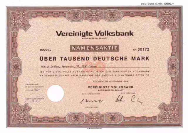 Vereinigte Volksbank 1984 Cochem Eifel Wittlich Bernkastel Kues Koblenz 1000 DM